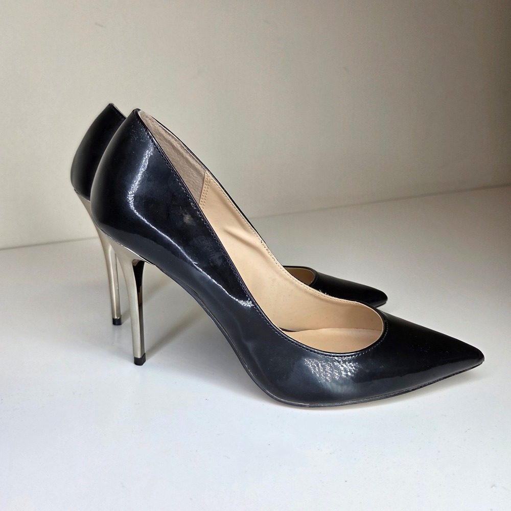 Rock Republic Gunnar Black Patent Pointed Toe Metallic Stiletto Heel Pumps 7.5
